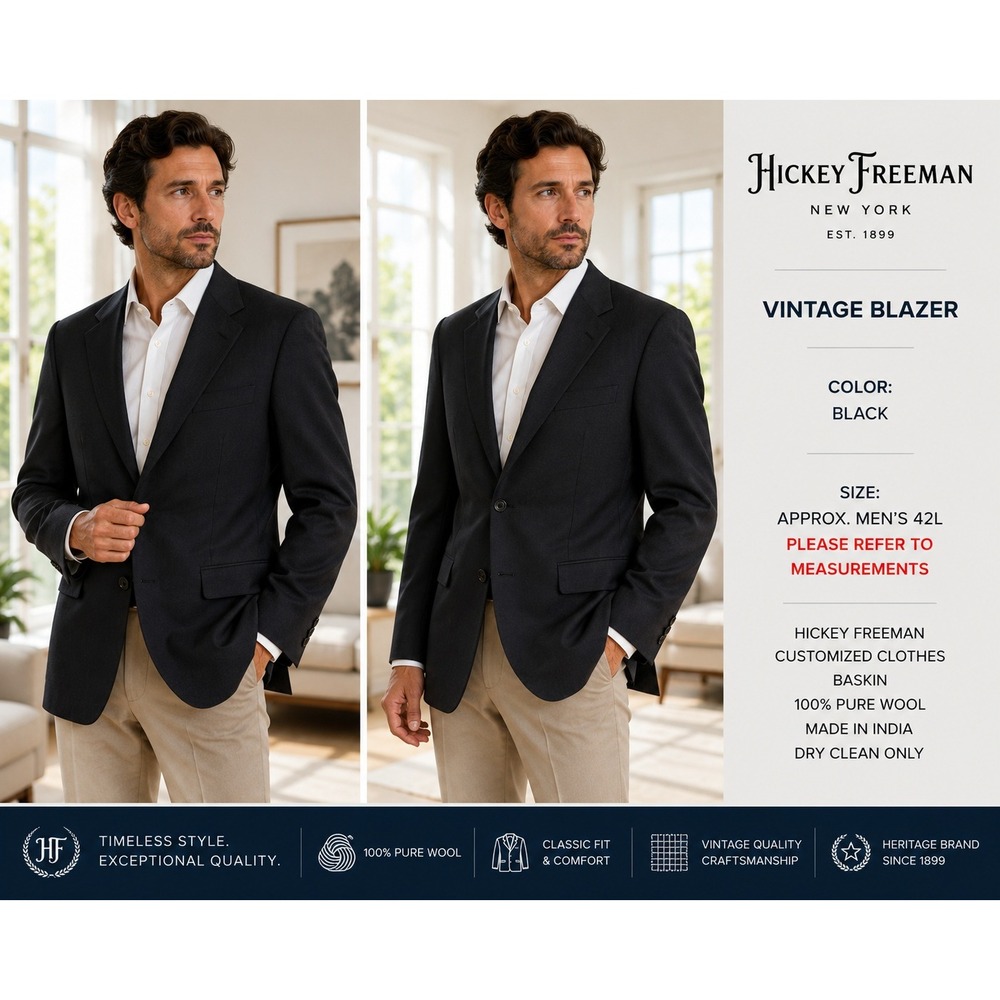 Vintage Hickey Freeman Baskin Blazer Mens 41L Black 100% Wool Sport Coat #1857